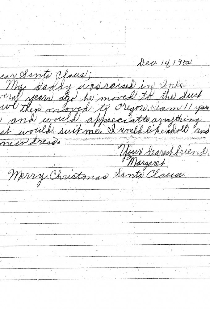 Margaret writes Santa in 1934…